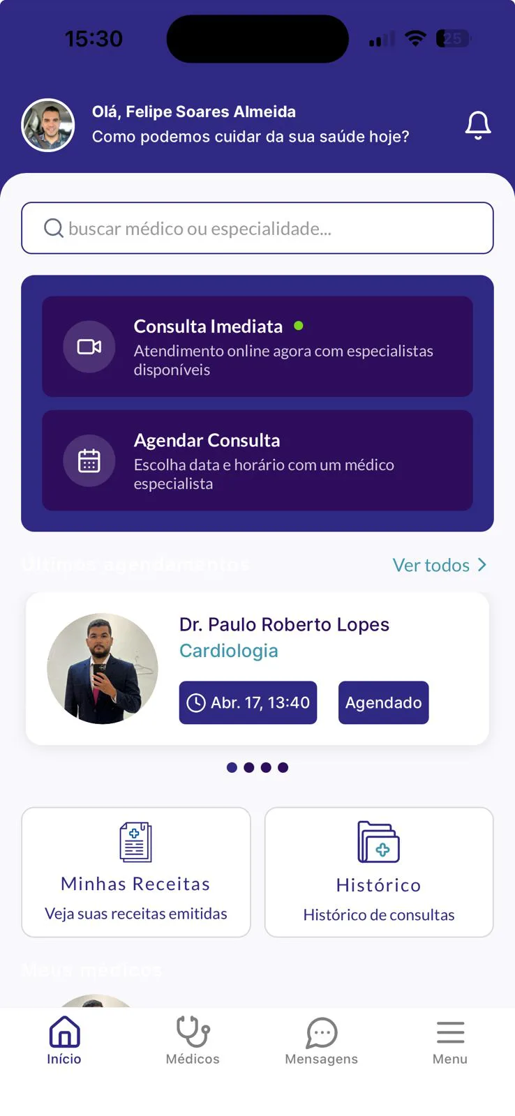 Tela inicial do app Vexis para o paciente